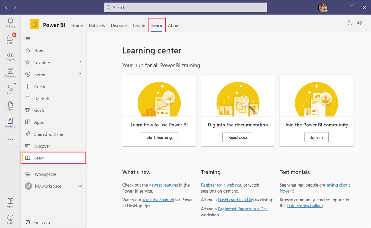 Captura de pantalla del Centro de aprendizaje en la aplicación Power BI en Microsoft Teams. La pestaña Learn está seleccionada en Teams y en el panel de navegación de Power BI.