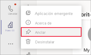 Captura de pantalla del panel de navegación de Teams. Se hace clic con el botón derecho en el icono de Power BI y se selecciona la opción anclar.