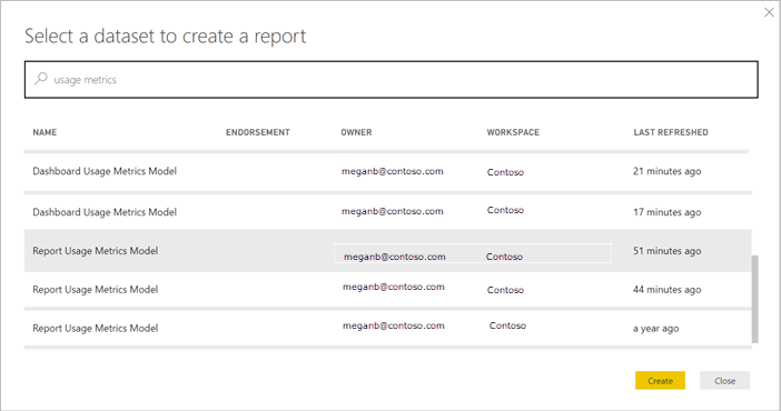 Screenshot showing Connect to a usage report semantic model.