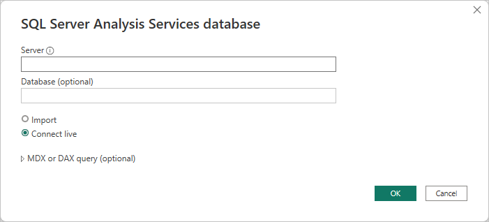 Captura de pantalla que muestra la ventana de base de datos de SQL Server Analysis Services.