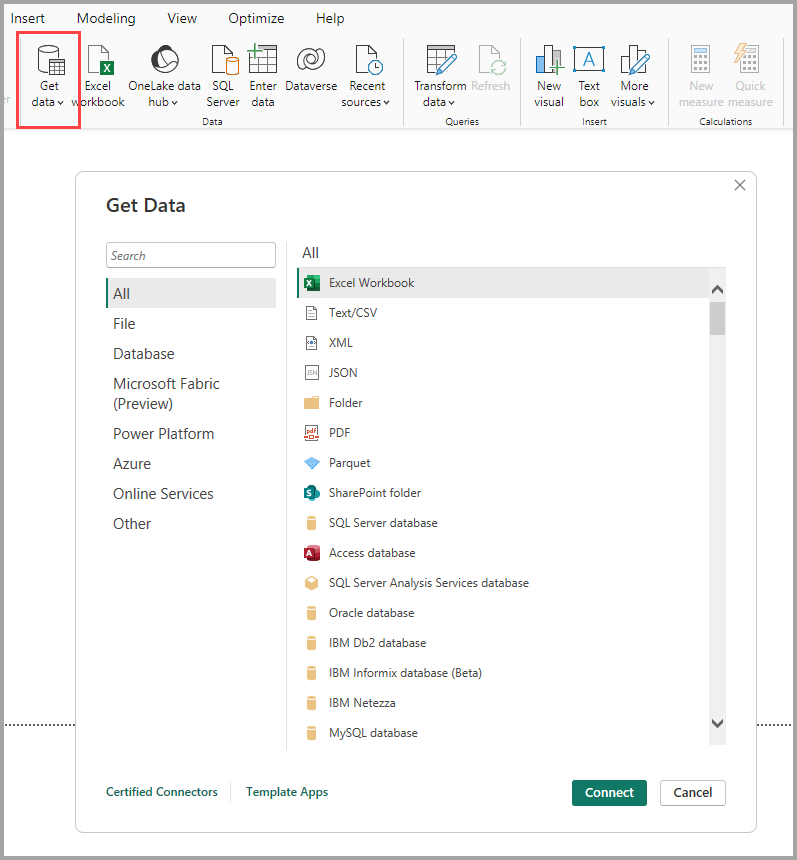 Captura de pantalla que muestra el icono Obtener datos y el cuadro de diálogo Obtener datos de Power BI Desktop.