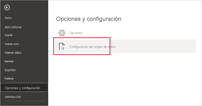 Captura de pantalla que muestra la selección de Configuración de origen de datos en Opciones y configuración.