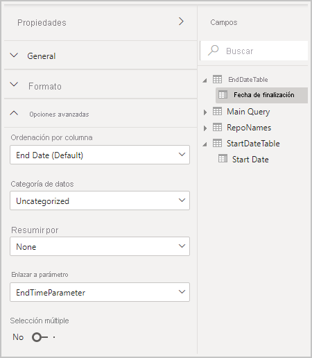 Captura de pantalla que muestra la configuración de más parámetros.