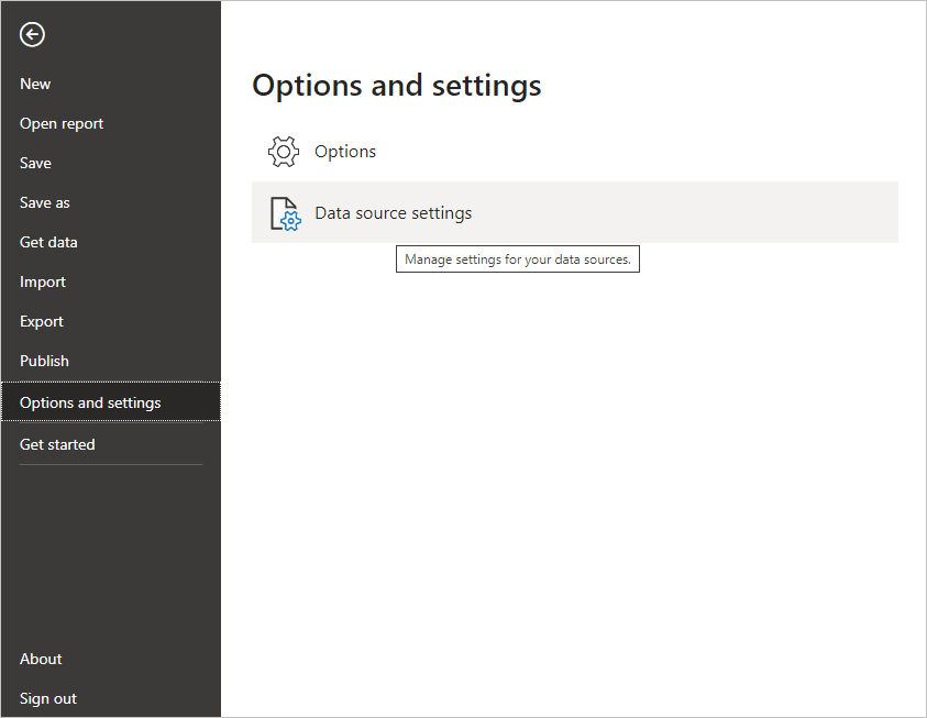 Screenshot of the File menu in Power BI Desktop, showing the Data source settings selection.