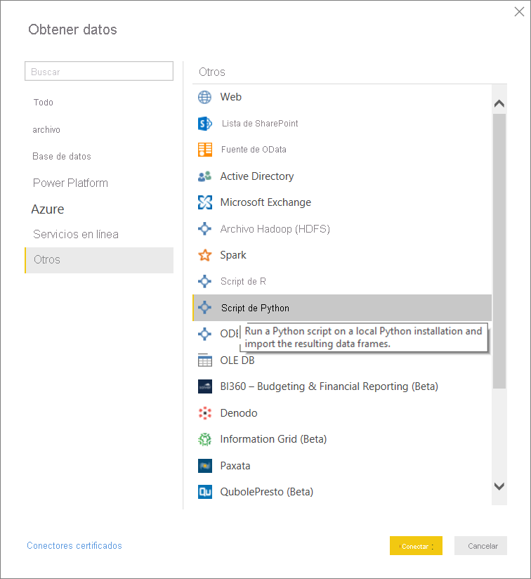 Captura de pantalla en la que se muestra la opción Obtener datos con el script de Python seleccionado.