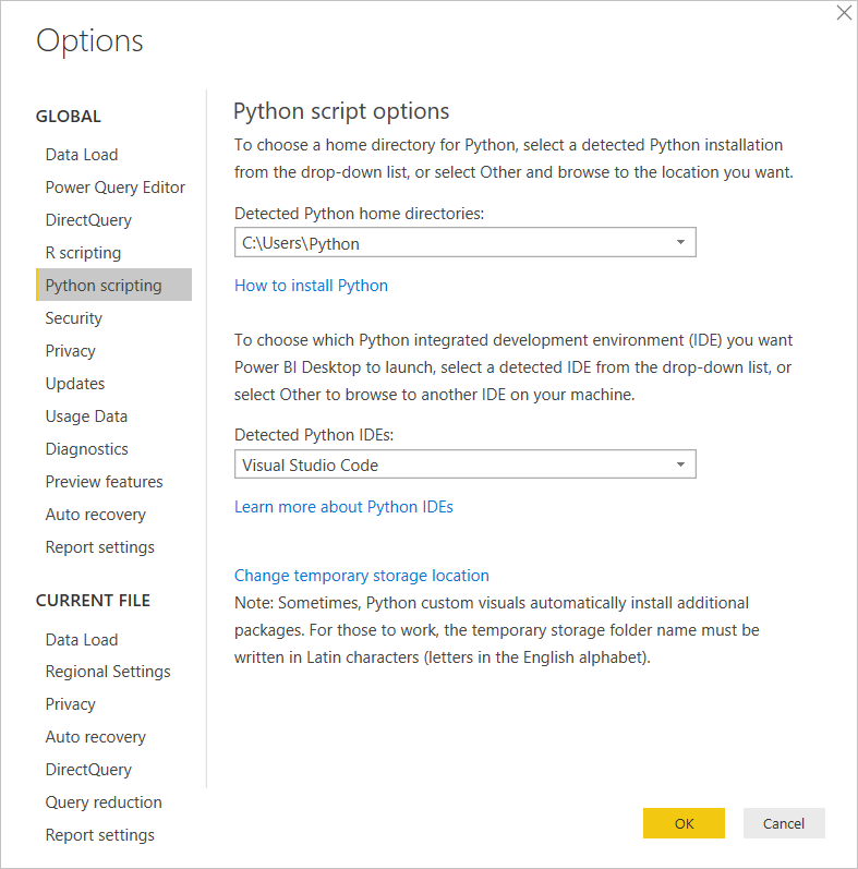 Captura de pantalla en la que se muestran las opciones de script de Python para Power BI Desktop.