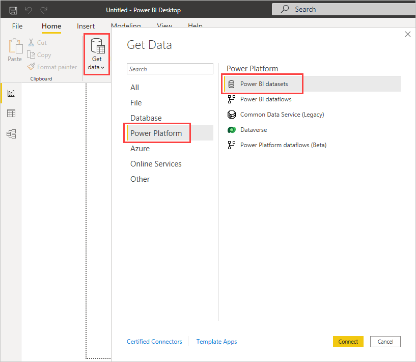 Captura de pantalla que muestra la selección de modelos semánticos de Power BI en la pantalla Obtener datos de Power BI Desktop.