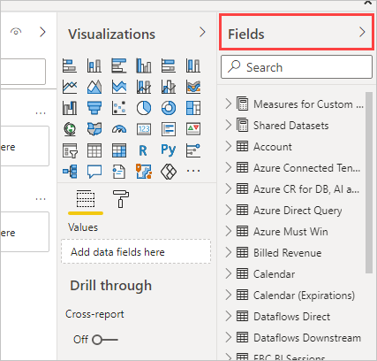 Captura de pantalla que muestra los campos del modelo semántico en el panel Datos.