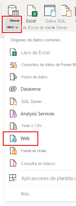 Captura de pantalla del Editor de Power Query con el menú Obtener datos y Origen web seleccionados.