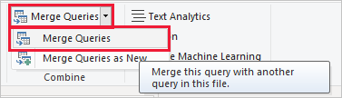 Captura de pantalla de la lista desplegable Combinar consultas del Editor de Power Query con el elemento Combinar consultas resaltado.