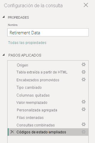 Captura de pantalla del Editor de Power Query con el panel Configuración de consulta y la lista Pasos aplicados.