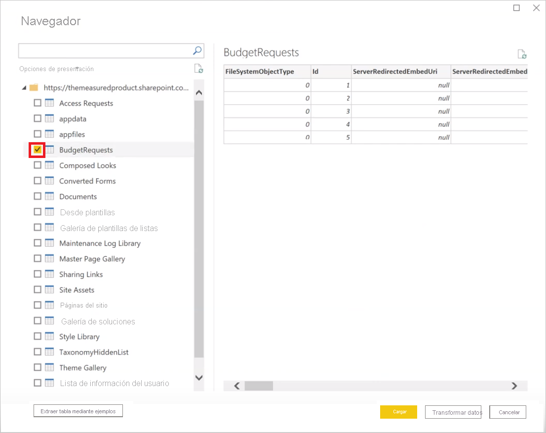 Screenshot shows the Navigator page with BudgetRequests selected.