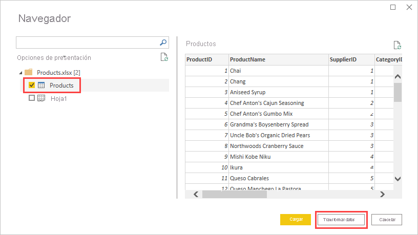 Screenshot that shows the Navigator screen with the Products table highlighted.