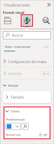 Captura de pantalla que muestra el icono Formato seleccionado con la opción Burbujas abierta y la sección Colores resaltada.