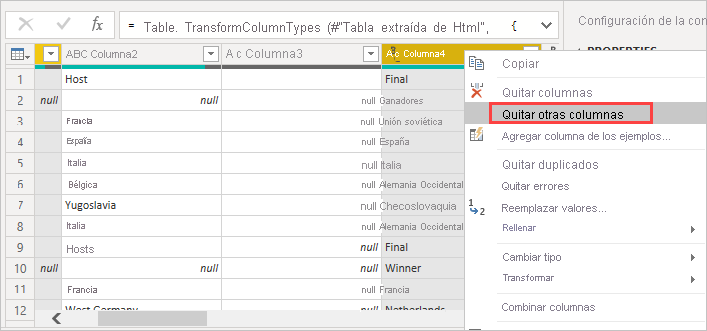 Captura de pantalla que muestra las columnas resaltadas con la opción Quitar otras columnas seleccionada en el menú contextual.