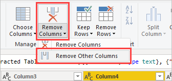 Captura de pantalla que muestra las columnas resaltadas con la opción Quitar otras columnas seleccionada en la cinta de opciones.