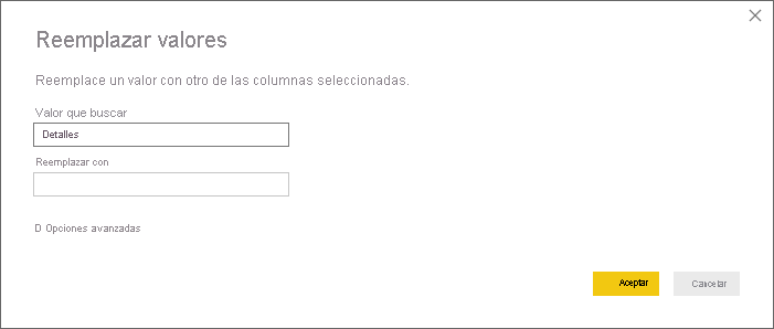 Captura de pantalla que muestra el cuadro de diálogo Reemplazar valores, donde puede cambiar un valor en una columna.