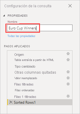 Captura de pantalla que muestra el panel Configuración de consulta con el nombre Ganadores de la Eurocopa escrito.