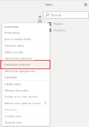 Vista de datos que muestra el menú contextual Tabla con Actualización incremental seleccionado.