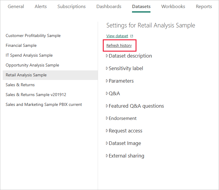 Captura de pantalla que muestra el vínculo Historial de actualización de modelos semánticos para seleccionar.