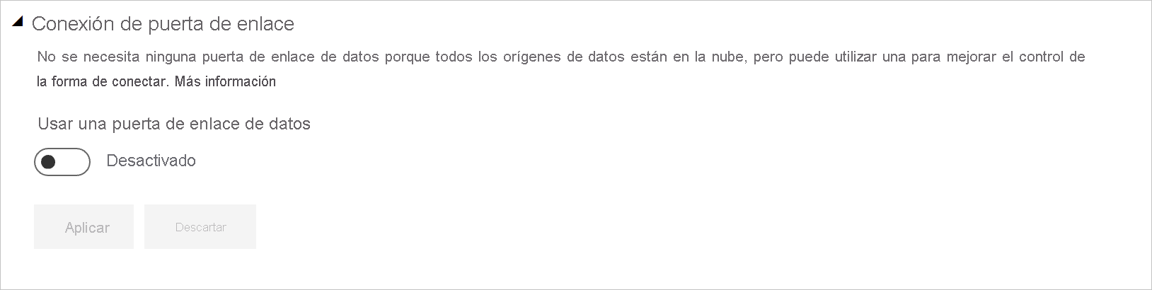 Captura de pantalla de la configuración de Conexión de puerta de enlace expandida con el botón de alternancia establecido en desactivado.