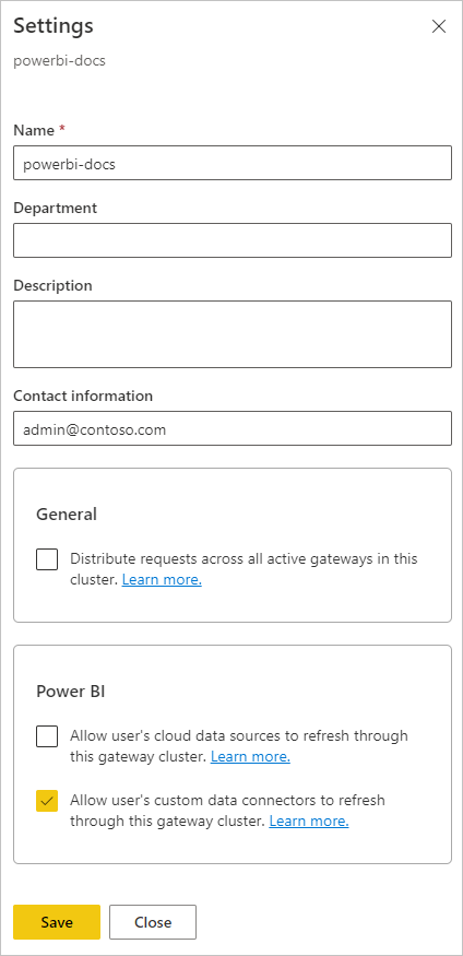 Screenshot that shows enabling custom connectors on the on-premises gateway Settings page.