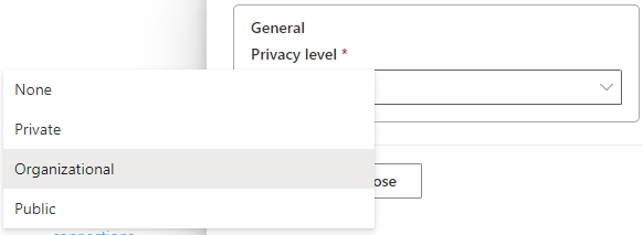 Captura de pantalla de las selecciones del nivel de privacidad para los orígenes de datos.