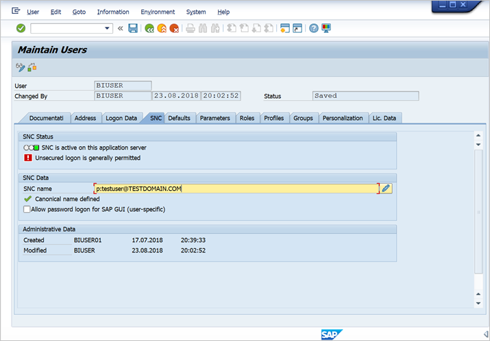 Pantalla Maintain users (Mantener usuarios) de SAP BW