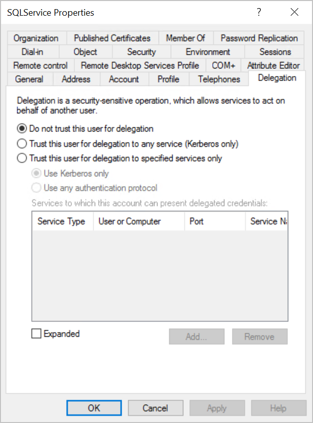 Propiedades del servicio SQL