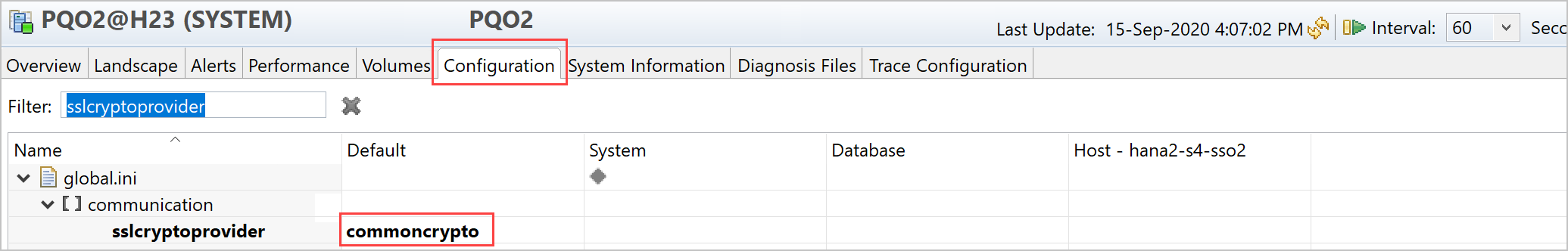 Screenshot of the sslcryptoprovider information in SAP HANA Studio.