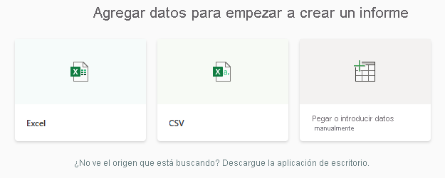 Captura de pantalla que muestra las opciones en Agregar datos para comenzar a crear un informe.