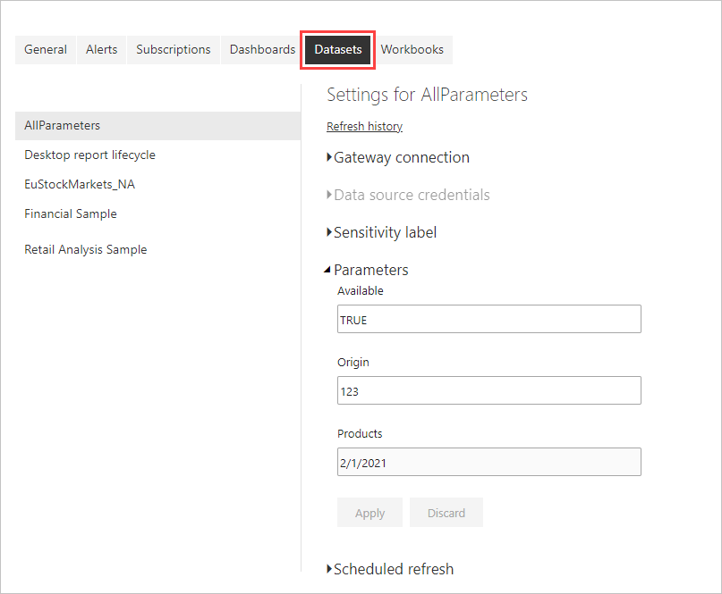 Screenshot shows the Settings window with Parameters expanded.