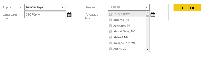 Screenshot showing the parameters for the report.