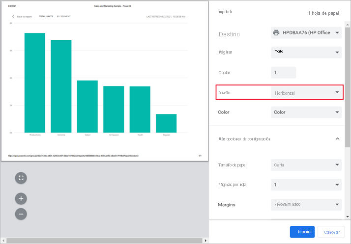 Captura de pantalla de la configuración de impresión con el diseño horizontal seleccionado.