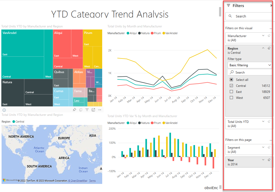 Captura de pantalla de un informe abierto en el servicio Power BI con el panel Filtros expandido.