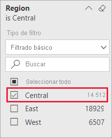 Captura de pantalla del filtro Región expandido y la opción Central seleccionada.