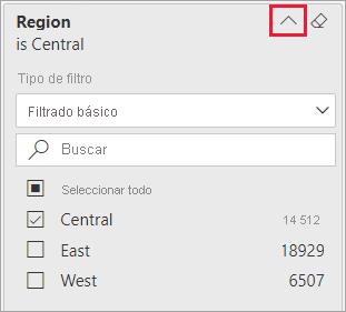 Captura de pantalla de un filtro expandido y la flecha situada junto al nombre del filtro resaltado.