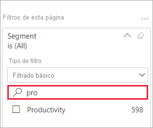 Captura de pantalla de un filtro expandido con el cuadro de búsqueda seleccionado.