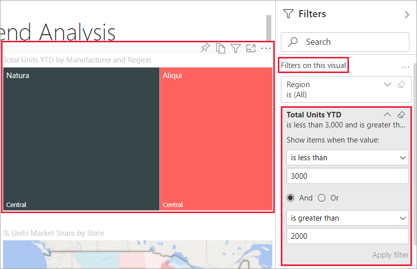 Captura de pantalla de un informe con el filtro que muestra el objeto visual del gráfico de rectángulos seleccionado.