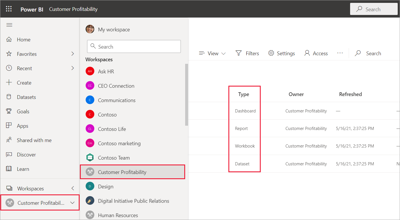 Screenshot shows how a workspace appears under the Workspaces menu item and contains reports and a dashboard.