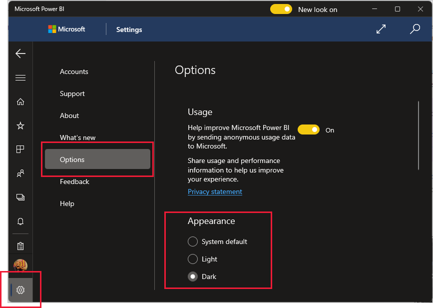 Captura de pantalla de la configuración de la apariencia de la aplicación de Windows de Power BI. 