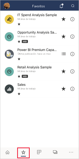 Favoritos en las aplicaciones móviles de Power BI