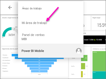 Captura de pantalla que muestra el menú de ruta de navegación en una tableta Android con Mi área de trabajo destacada.