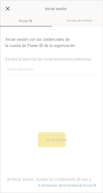 Inicio de sesión en la aplicación móvil de Power BI