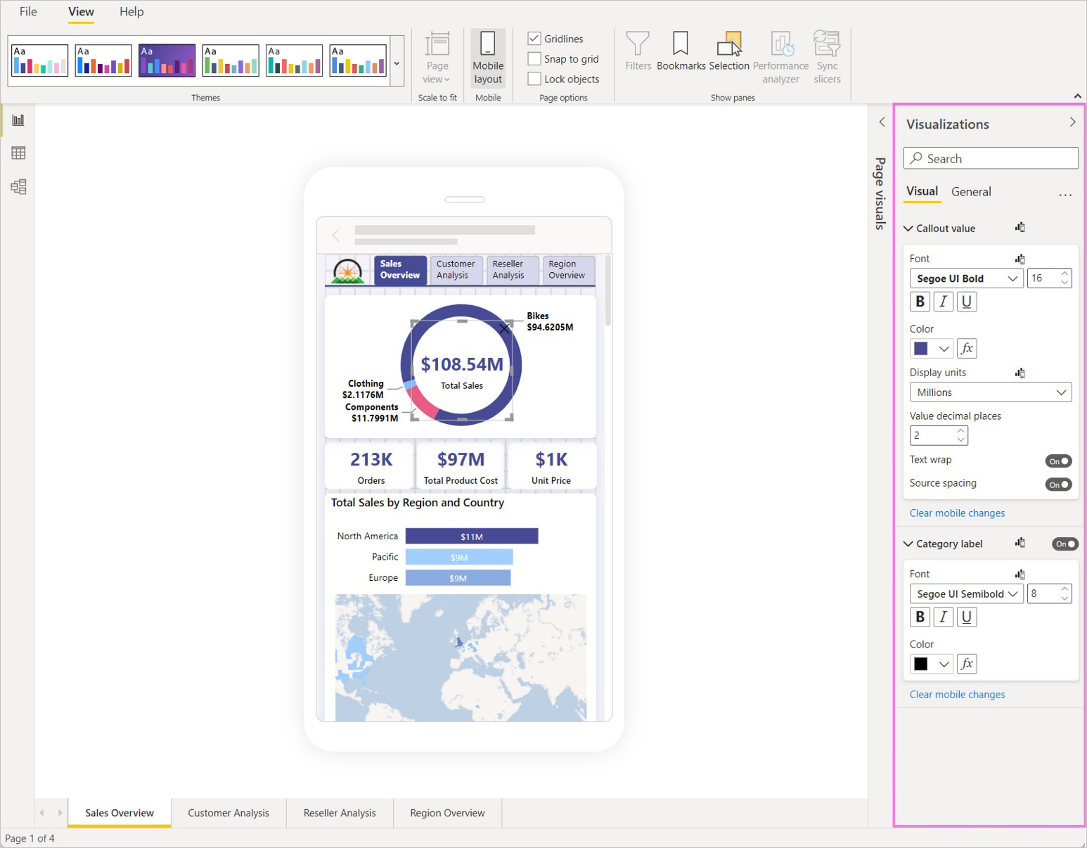 Captura de pantalla del panel de visualizaciones en la disponibilidad general de la vista de diseño para dispositivos móviles de Power BI.