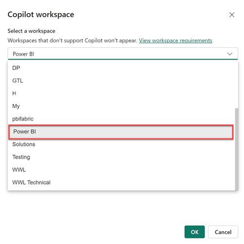 Captura de pantalla del selector del área de trabajo en Power BI Desktop que aparece para permitirle seleccionar un área de trabajo compatible con Copilot.