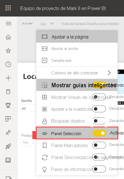 Captura de pantalla que muestra cómo activar el panel de Selección en el servicio Power BI.