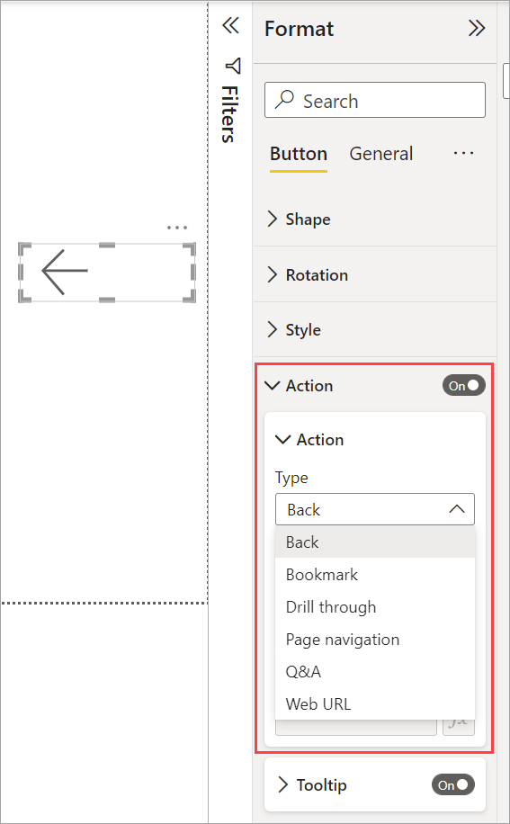 Captura de pantalla que muestra las selecciones de Acción para un botón en Power BI.