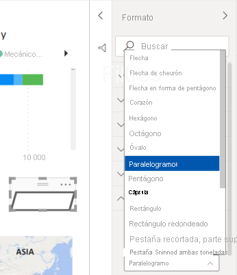 Captura de pantalla que muestra cómo personalizar la forma de un botón de flecha en un paralelogramo.