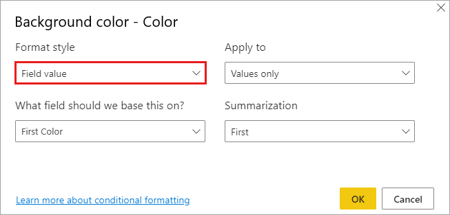 Cuadro de diálogo de Estilo de formato para el color de fondo de la columna de color: el menú desplegable Estilo de formato se establece en Valor de campo